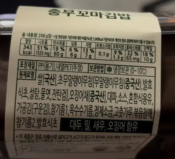 Nutrition facts of the Mini Chungmu Kimbap