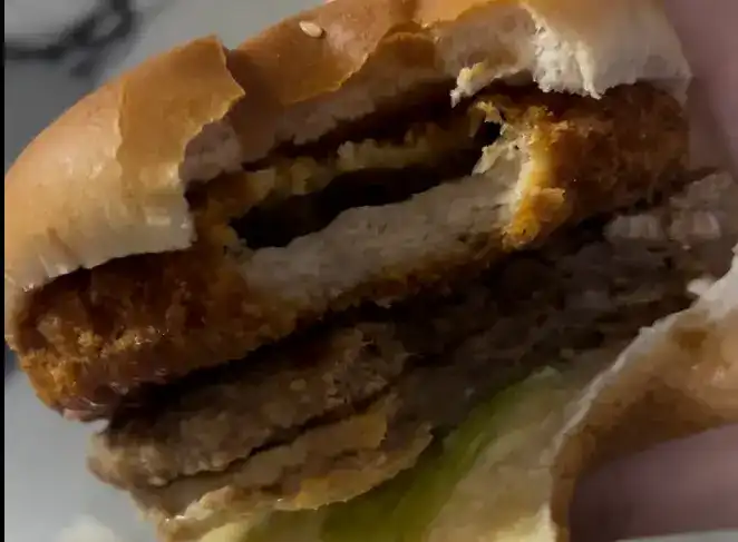 A detailed look at the sauces and patty layers inside the burger