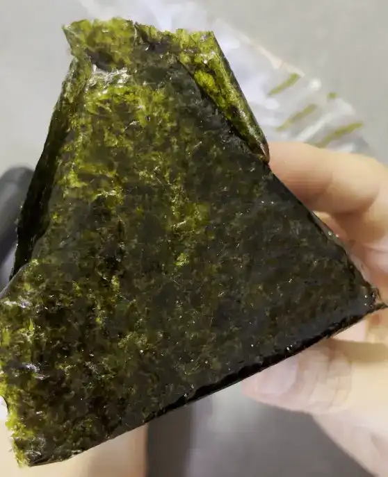 The fully unwrapped BIG triangle gimbap showing the rice texture