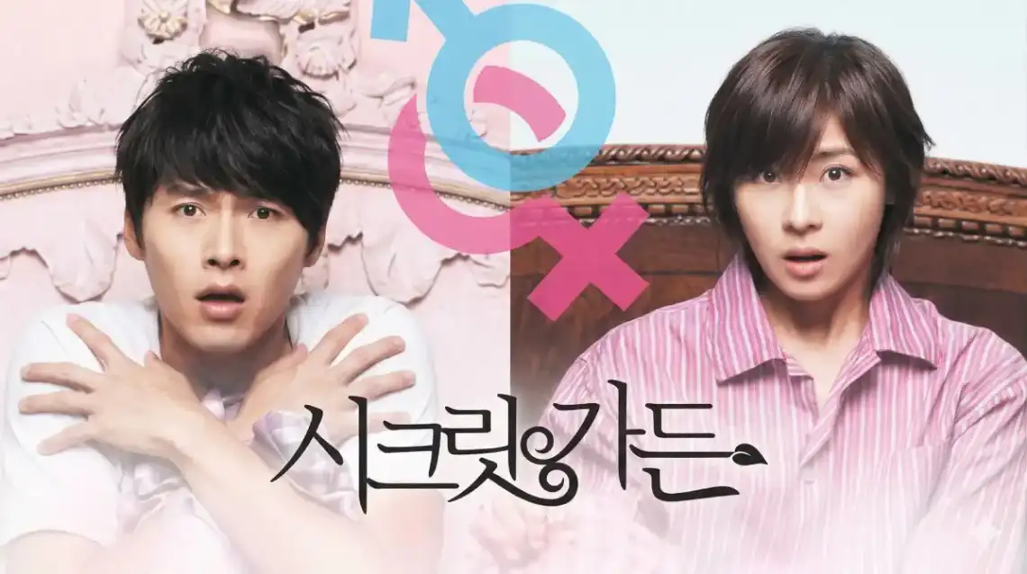 Hyun Bin and Ha Ji-won react with extreme shock and panic immediately following a magical body-swap in a rustic room from the K-drama Secret Garden