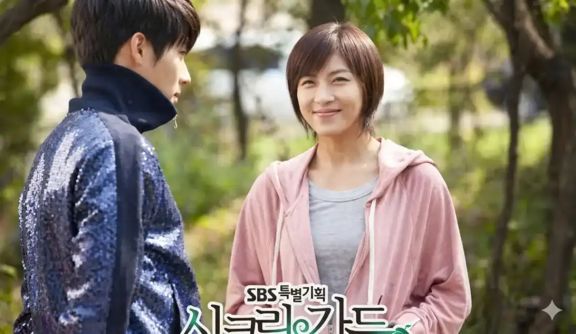 Hyun Bin wearing his iconic sparkly tracksuit looking at Ha Ji-won in a funny scene from Secret Garden