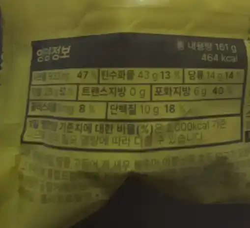 Nutrition facts of the GS25 Garlic Galbi Burger