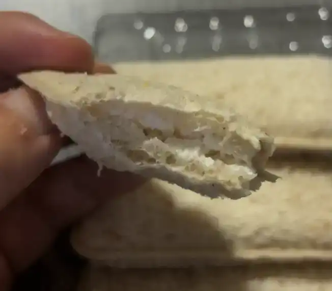 Inside look of the Project H Whole Wheat Milk Bite Sandwich showing the cream filling layers